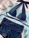 Women Polka Dot Halter Neck Metal Ring Bikini Two Pieces Swimsuit