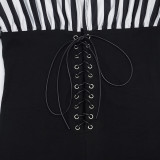 Women V-Neck Striped Long Sleeve Lace-Up Jumpsuit