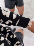 Women Leopard Knit Slash Shoulder Jacquard Top Fall Winter Sweater