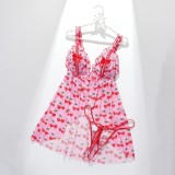 Women Cherry Heart Print Bow Front Open Backless Strap Dress Lingerie Two Piece Set