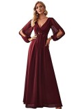 Women V-Neck Long Sleeve Floor Length Pleated Chiffon Dress（Processing time need 3-6 days）