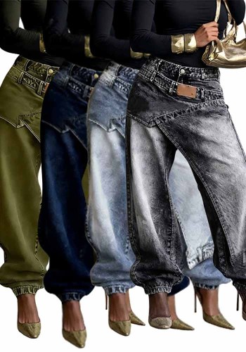 Women Layered Wear Washed Denim Wide Leg Trousers