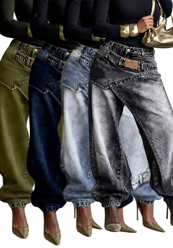 Women Layered Wear Washed Denim Wide Leg Trousers