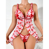 Women Cherry Heart Print Bow Front Open Backless Strap Dress Lingerie Two Piece Set