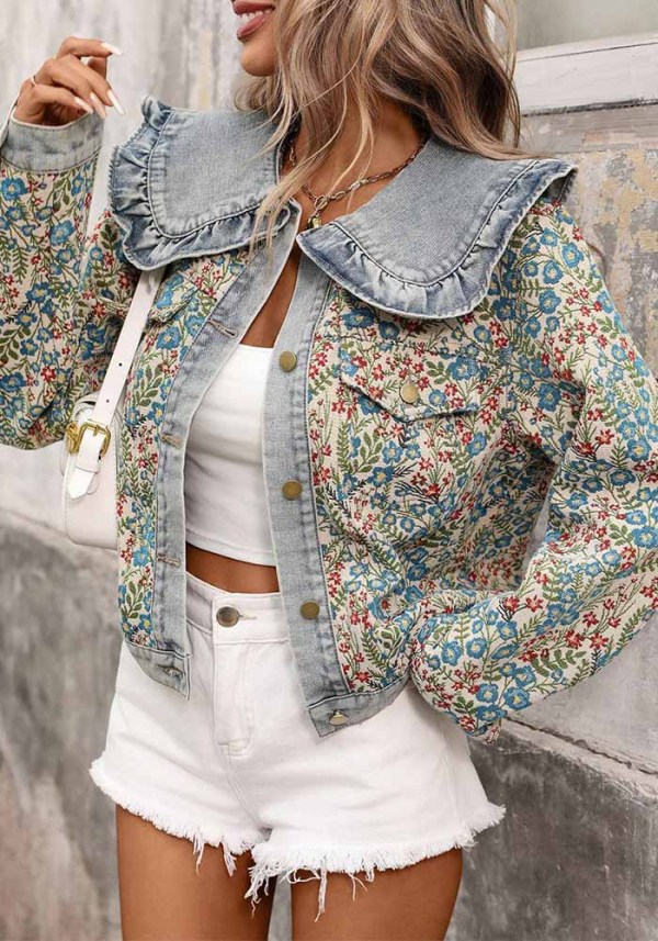Women Spring Ruffle Peter Pan Collar Denim Jacket
