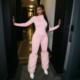 Women Fall Solid High Neck Long Sleeve Patchwork Furry Jumpsuit