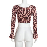 Women Printed Striped Sexy Hollow Out Lace-Up Long Sleeve Top & Pant Two Piece Set