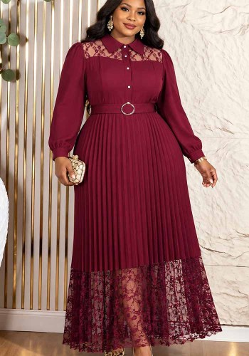 Plus Size Women Burgundy Lace Turndown Collar Long Sleeve Pleated Formal Party Maxi Dress