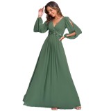 Women V-Neck Long Sleeve Floor Length Pleated Chiffon Dress（Processing time need 3-6 days）
