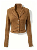 Women Fall Winter Turndown Collar Button Long Sleeve Top & Ruffle Skirt Two Piece Set