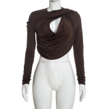 Women Fall Long Sleeve Ruched Hollow Out Top & Pants Two Piece Set