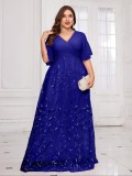 Plus Size Women Elegant V-Neck Short Sleeve Mesh Formal Party Dress（Processing time need 3-6 days）