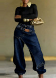 Women Layered Wear Washed Denim Wide Leg Trousers