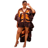 Custom Women Printed Tunic V-Neck Pleated Train Ruffle Dress (Made after Order ,need 7-10 DAYS)
