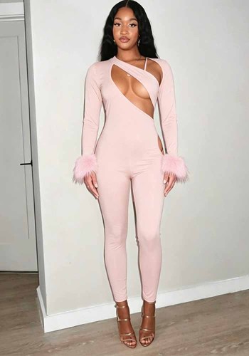 Women Solid Hollow Out Furry Long Sleeve Sexy Jumpsuit