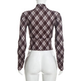 Women Fall Winter Sexy Plaid Print Top & Pant Two Piece Set