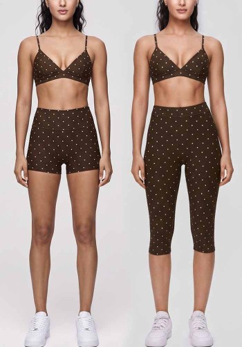 Women Polka Dot Halter Neck Bra & Capri Pants Yoga Wear Two Piece Set