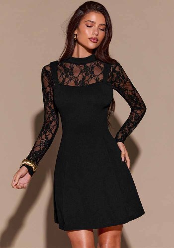 Women Lace Patchwork Mock Neck Long Sleeve Hollow Out Dress