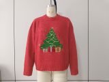 Women Red Round Neck Fall Winter Christmas Tree Sequin Embroidery Knit Sweater
