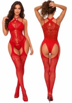 Women Christmas Sexy Red Crotchless Hollow Out Mesh Bodysuit, See-Through Lingerie Women Christmas Sexy Red Crotchless Hollow Out Mesh Bodysuit, See-Through Lingerie
