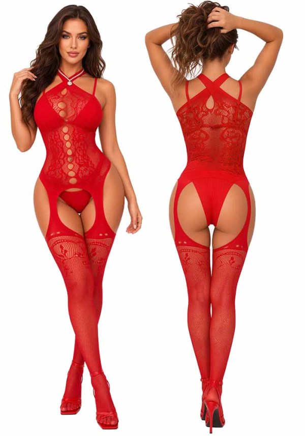 Women Christmas Sexy Red Crotchless Hollow Out Mesh Bodysuit, See-Through Lingerie