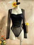 Women See-Through Mesh Long Sleeve Square Neck Ruched Corset Sexy Bodysuit