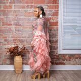 Custom Women Round Neck Floral Print Pleated Bat Sleeves Feather Patchwork Maxi Dress (Made after Order ,need 15 DAYS)
