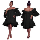 Women Casual Off Shoulder Ruffle Bell Sleeve Smocked Dress