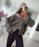 Women Vertical Striped Zipper Knit Stand Collar Fall Winter Casual Sweater