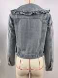 Women Spring Ruffle Peter Pan Collar Denim Jacket