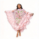 Custom Women Round Neck Floral Print Pleated Bat Sleeves Feather Patchwork Maxi Dress (Made after Order ,need 15 DAYS)