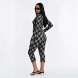 Women Fall Winter Sexy Plaid Print Top & Pant Two Piece Set