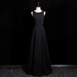 Women Black Sleeveless Long Rhinestone Round Neck Formal Party Evening Dress（Processing time need 3-6 days）
