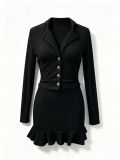 Women Fall Winter Turndown Collar Button Long Sleeve Top & Ruffle Skirt Two Piece Set