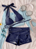 Women Polka Dot Halter Neck Metal Ring Bikini Two Pieces Swimsuit