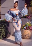 Custom Women Feather Patchwork Print Off Shoulder Dress (Made after Order ,need 15 DAYS)