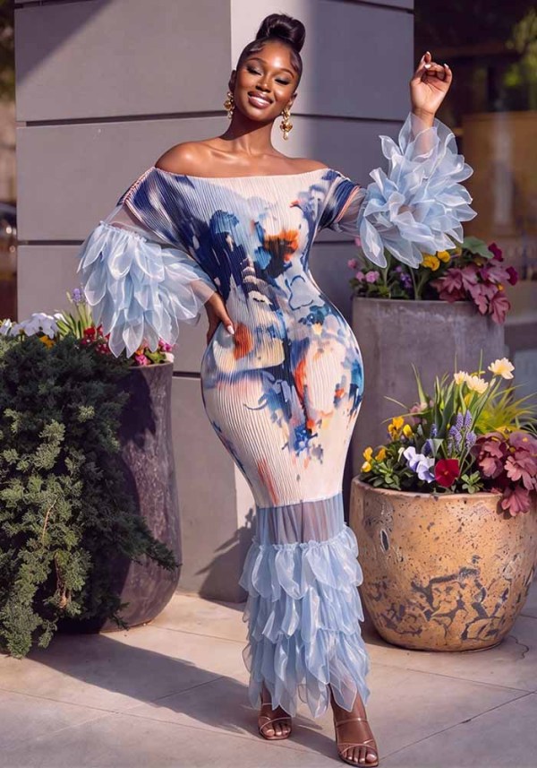 Custom Women Feather Patchwork Print Off Shoulder Dress (Made after Order ,need 15 DAYS)