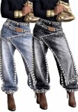 Women Layered Wear Beaded Washed Denim Wide Leg Pants