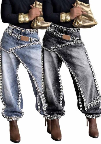 Women Layered Wear Beaded Washed Denim Wide Leg Pants