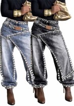 Women Layered Wear Beaded Washed Denim Wide Leg Pants Women Layered Wear Beaded Washed Denim Wide Leg Pants