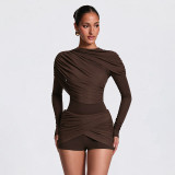 Women Solid Casual Round Neck Long Sleeve Ruched Zipper Romper
