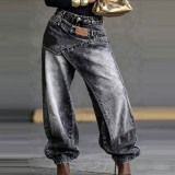 Women Layered Wear Washed Denim Wide Leg Trousers