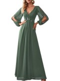 Women V-Neck Long Sleeve Floor Length Pleated Chiffon Dress（Processing time need 3-6 days）