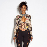 Women Sexy See-Through Mesh Long Sleeve High Neck Hollow Out Top