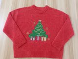 Women Red Round Neck Fall Winter Christmas Tree Sequin Embroidery Knit Sweater