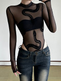 Women Flocked Snake Print Mesh Round Neck See-Through Long Sleeve Jumpsuit