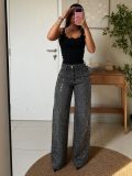Women Sparkly Rhinestone Casual Denim Wide Leg Pants