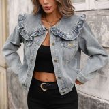 Women Spring Ruffle Peter Pan Collar Denim Jacket