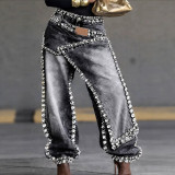 Women Layered Wear Beaded Washed Denim Wide Leg Pants