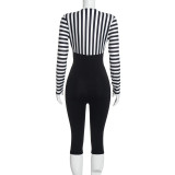 Women V-Neck Striped Long Sleeve Lace-Up Jumpsuit
